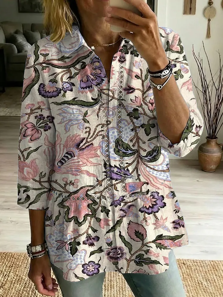 Casual Cotton-linen Shirt With Floral Art Patterns, Splicing, And Openwork Webbing Trim