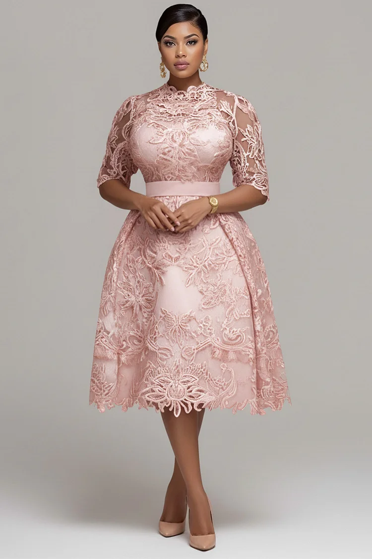 Xpluswear Design Plus Size Mother Of The Bride Pink Round Neck Short Sleeve See Through Guipure Lace Midi Dresses [Pre-Order] 2024 - Xpluswear