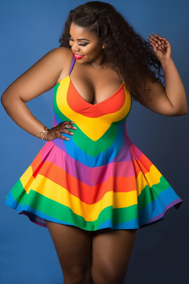Xpluswear Design Plus Size Beach Rainbow Casual Gradient V Neck Swimsuit Fabric Swimwear Dress With Panty [Pre-Order] 2024 - Xpluswear
