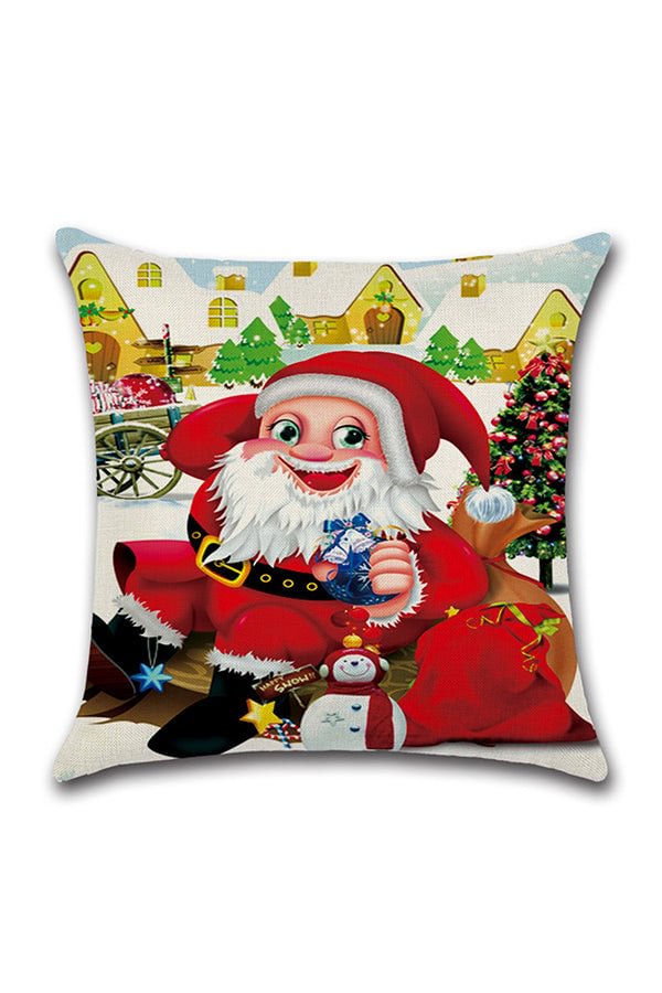Santa Claus Trees Gifts Snowman Print Christmas Throw Pillow Cover Red-elleschic