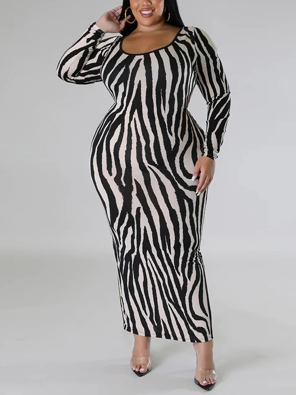 Hollow Reversible Split-Back Zebra-Stripe Long Sleeves Plus Size Round-Neck Maxi Dresses