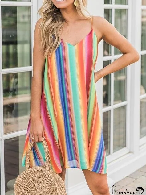 Bohemian Multicolor Striped Chiffon Sleeveless Sling Beach Short Dress