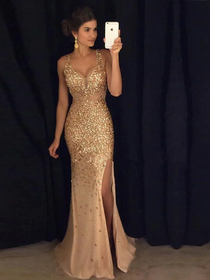 Sexy Rhinestone Gold Prom Dresses Sheath/Column Straps Long Slit Prom Dress Gold Evening Dress