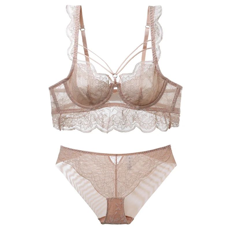 Billionm Women Underwear Sexy Ultra Thin Bra Set Black Lace Hollow Push Up BrassiereTemptation Intimates Plus Size Bra & Brief Set