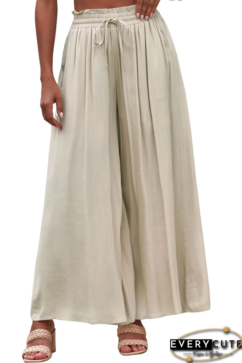 Beige Drawstring Smocked High Waist Wide Leg Pants