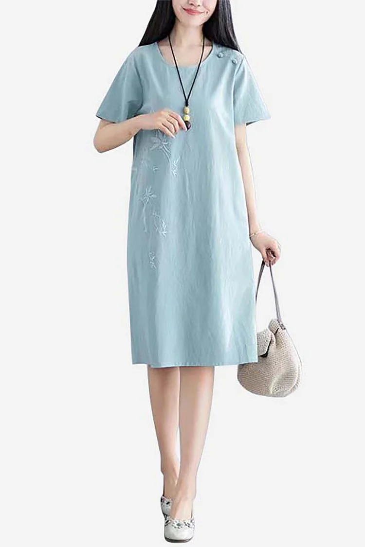 Short Sleeve Round Neck Embroidery Casual Linen Midi Dress