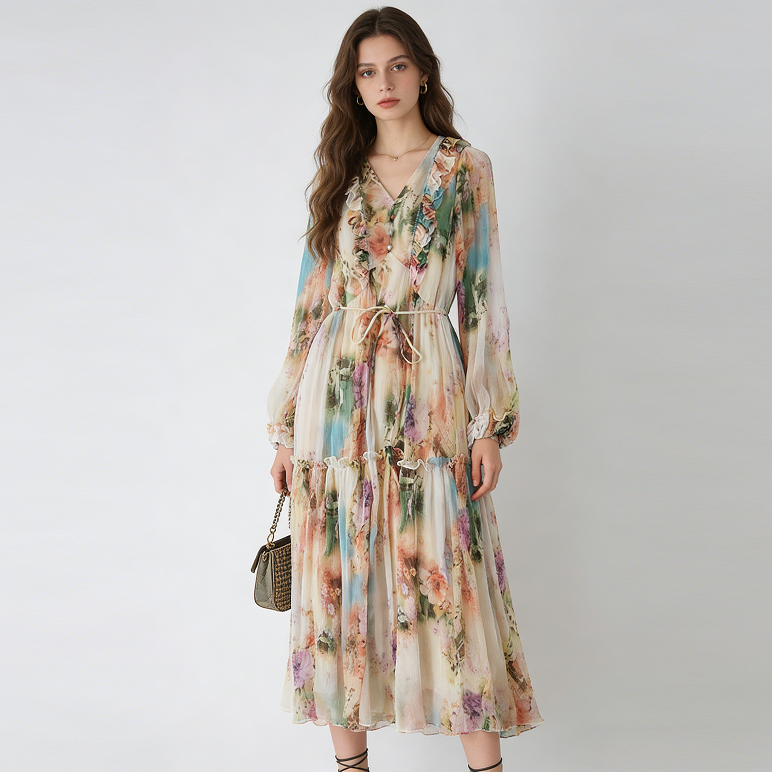 Free-spirited Silk Dress with Ruffled Trim for Garden Party REAL SILK LIFE