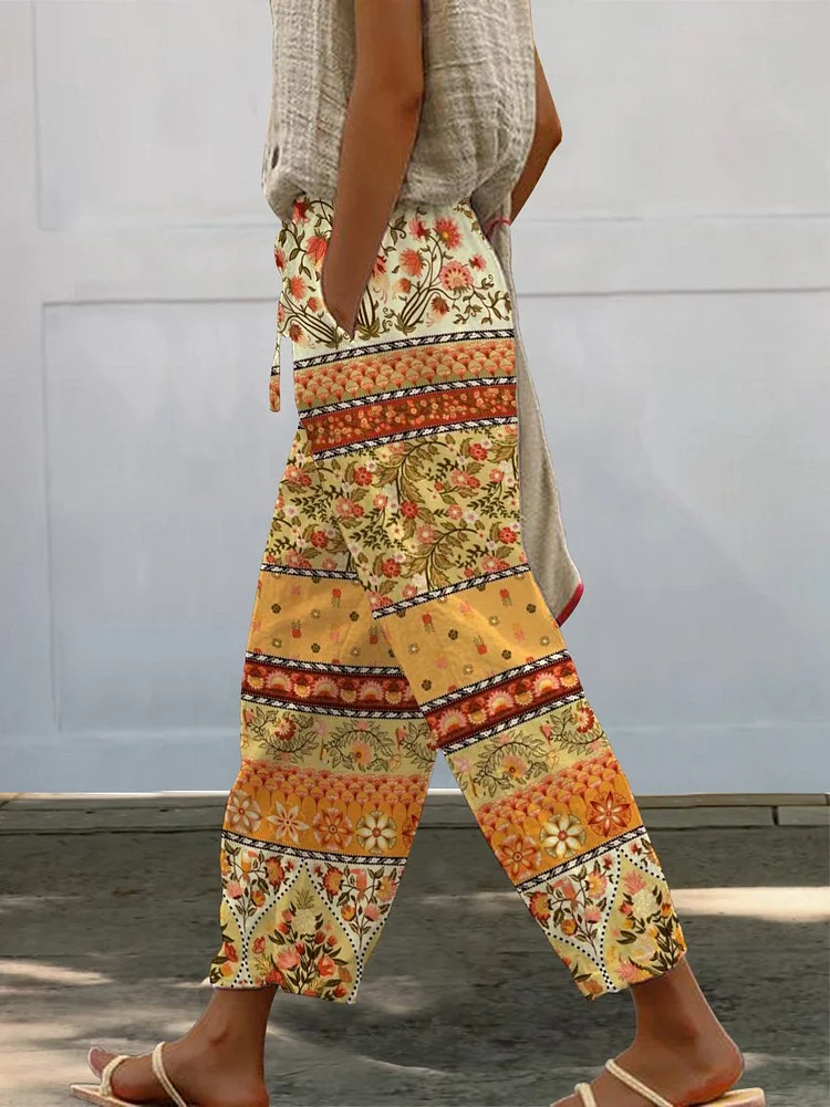 Women's Yellow Vintage Boho Floral Printed 100%Cotton Casual Pants