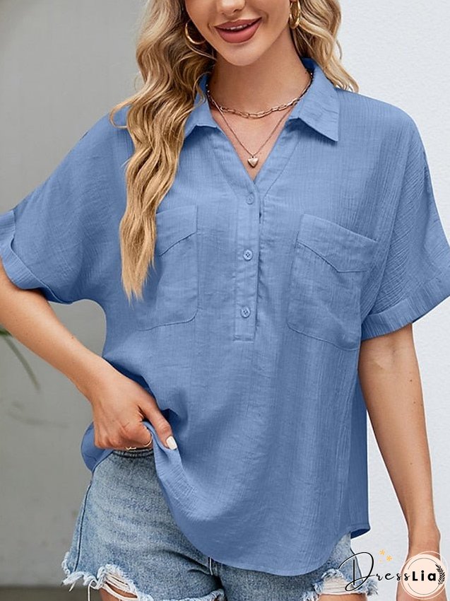 Blouse Pocket Loose Solid / Plain Color Basic Shirt Collar Roll Sleeves Summer Black White Pink Sky Blue for Women