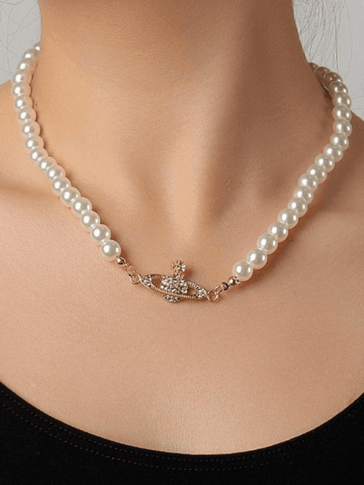 Brownm Planet Detail Faux Pearl Necklace