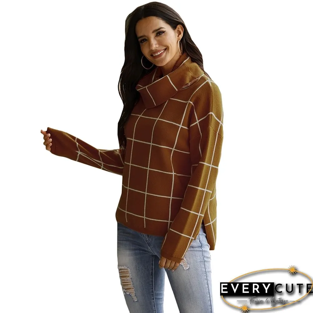 Rust Red Plaid Print Turndown Collar Pullover