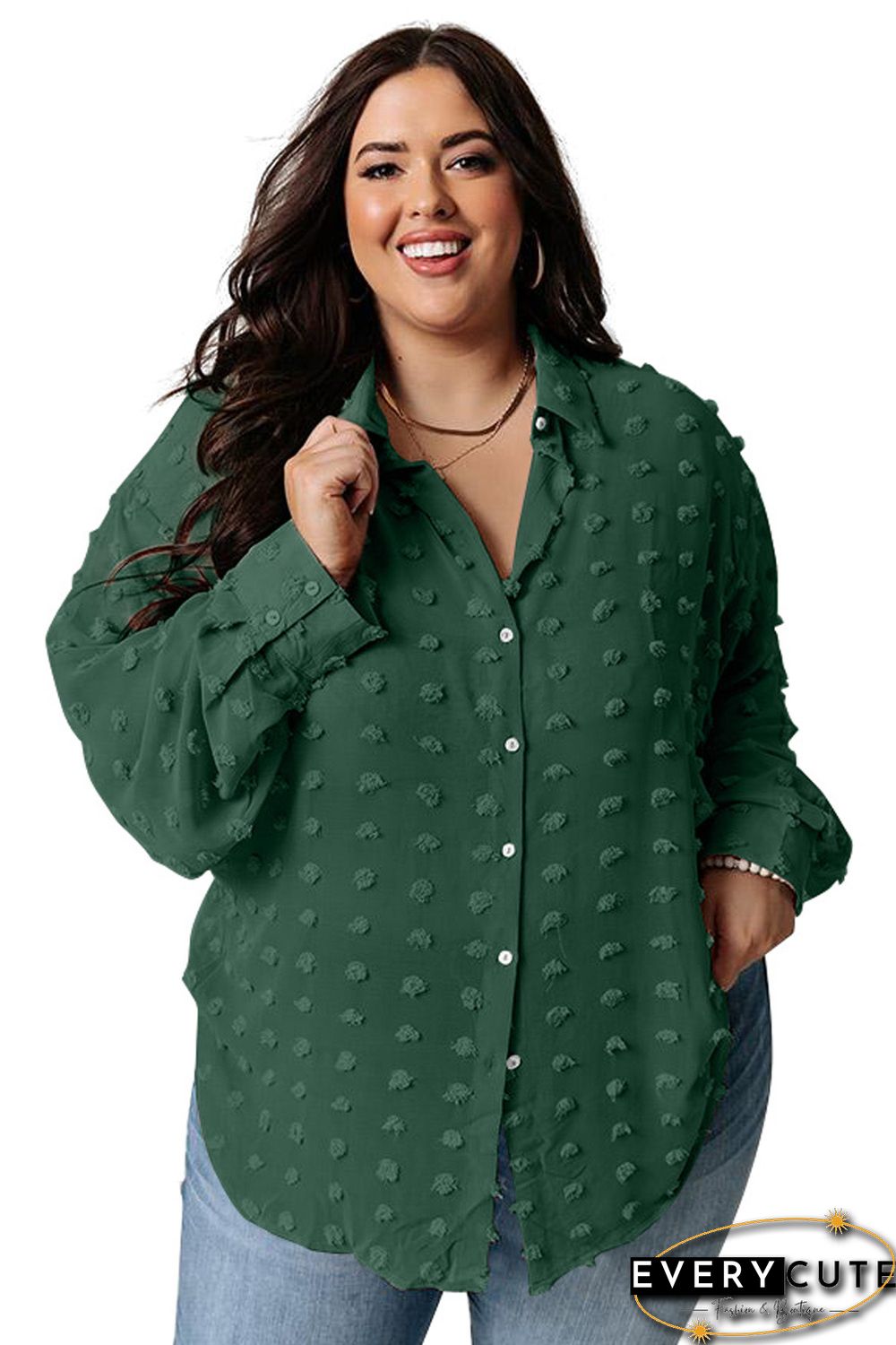 Green Swiss Dot Textured Plus Size Shirt