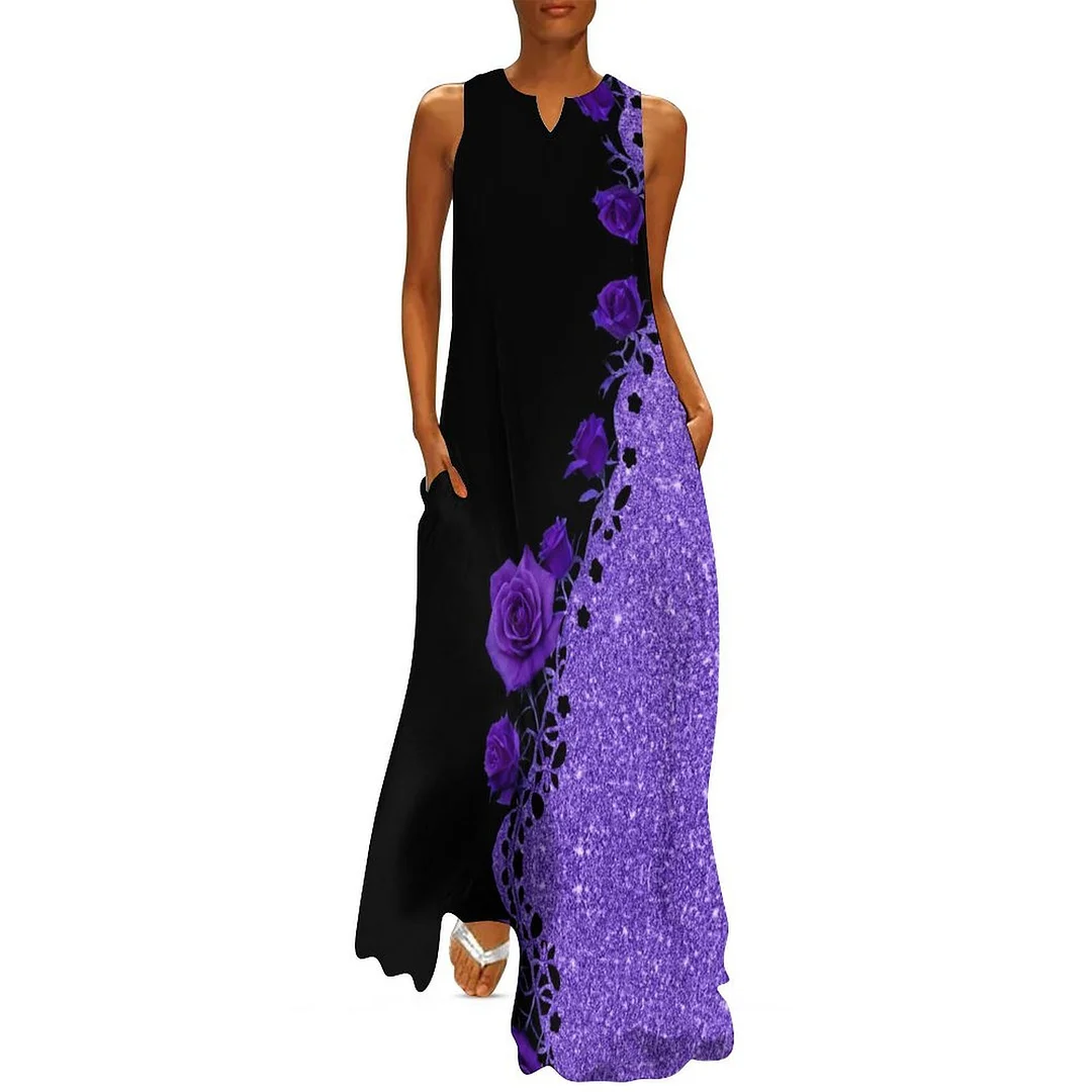 Style & Comfort for Mature Women Plus Size Printed Sleeveless Casual Women Maxi Dress with Pockets in Pattern Purple, Floral, Glitter