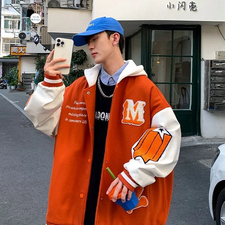 New hooded jacket pure cotton cardigan spring and autumn ins baseball uniform men clothing contrasting color pocket jacket kpop