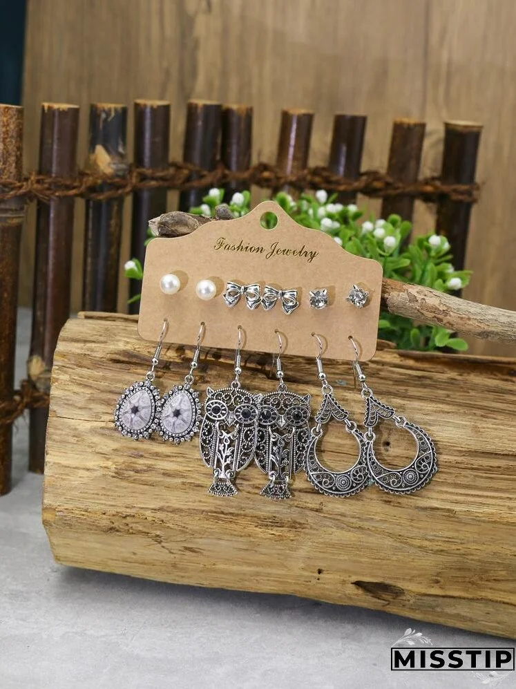 6pairs Bow & Owl Decor Earrings