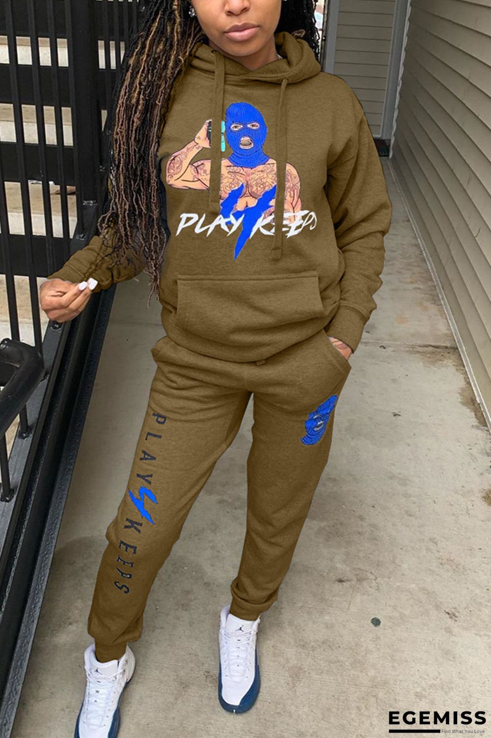 Army Green Fashion Casual Long Sleeve Hooded Collar Regular Sleeve Regular Print Two Pieces | EGEMISS