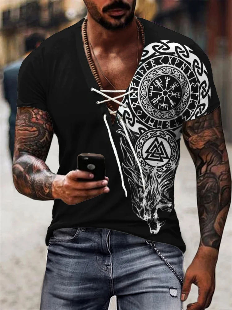 Men's Viking Vegvisir Roaring Wolf Lace Up T Shirt