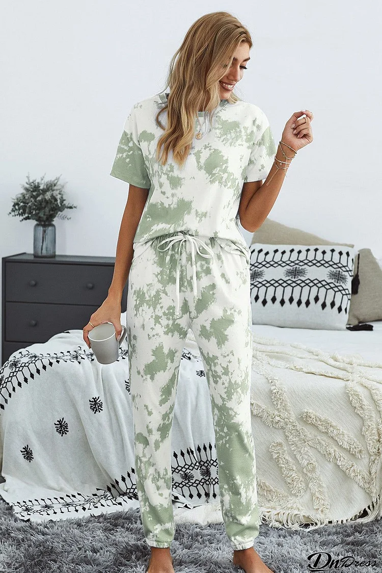 Green Tie-dye Short Sleeve T-shirt Pants Pajama Set