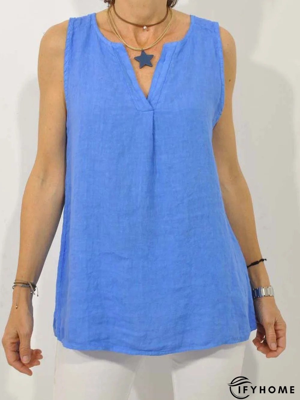 Plus Size Casual Sleeveless V Neck Solid Tops | IFYHOME