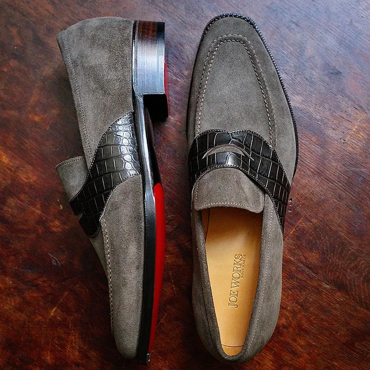 Faux Frosted Leather Crocodile Faux Leather Patchwork Stitching Slip-On Business Loafers Shoes [Pre Order]