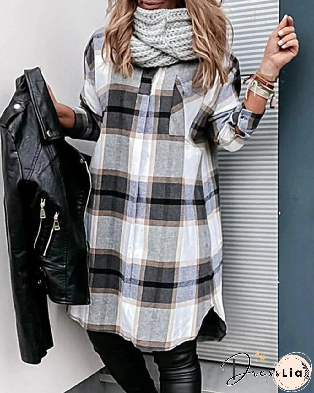 Check Pocket Long Sleeve Casual Shirt Dress