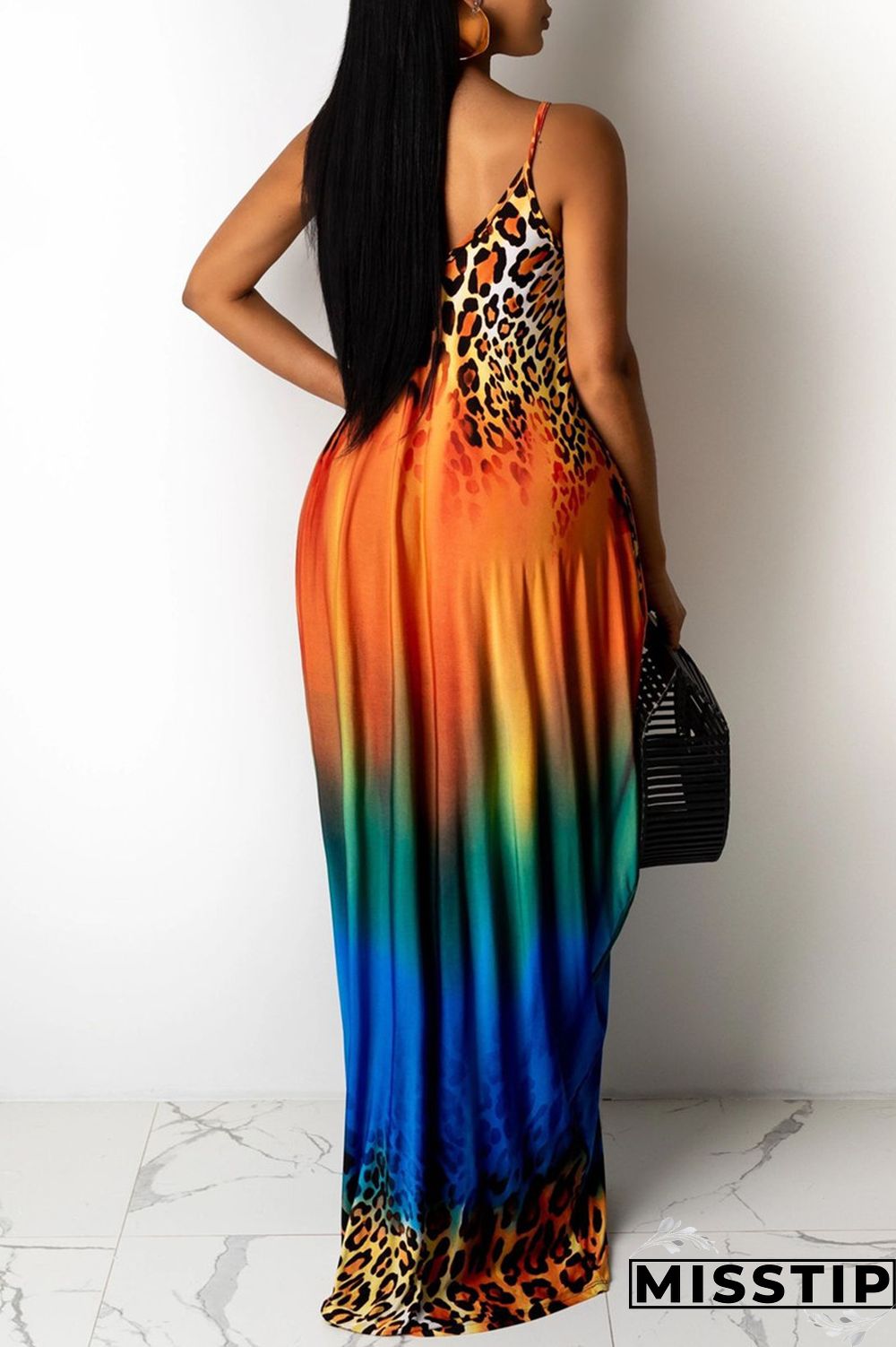Blue Sexy Casual Print Backless V Neck Sling Loose Dress