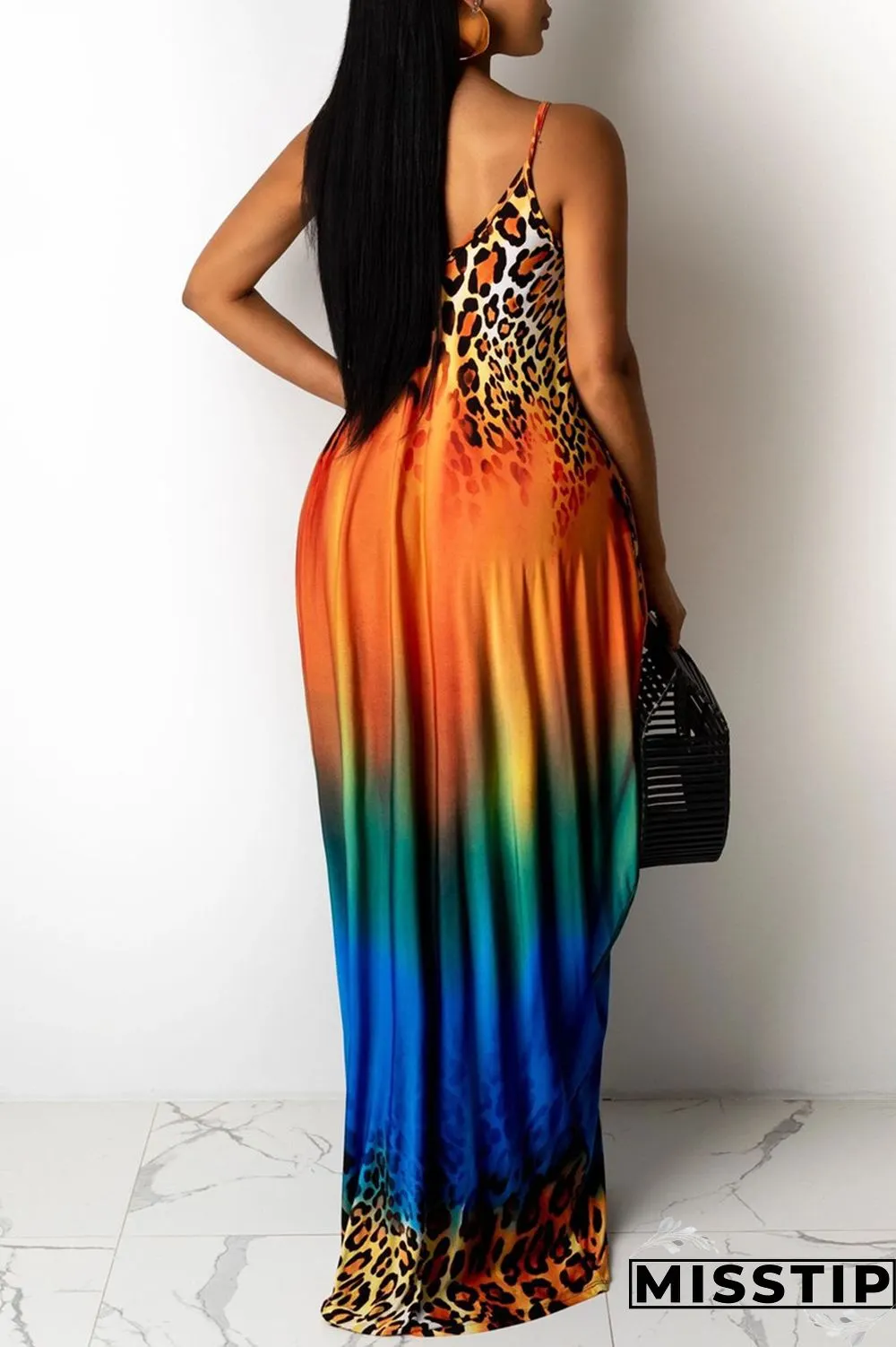 Blue Sexy Casual Print Backless V Neck Sling Loose Dress