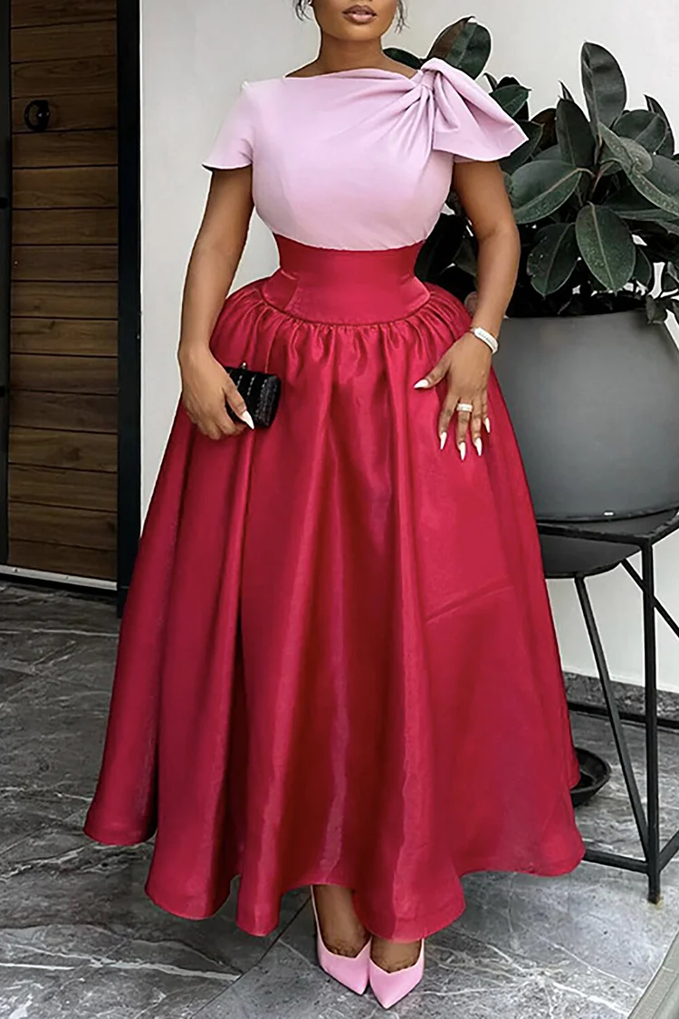 Ruched Short Sleeve Cinch Waist Colorblock Maxi Dresses-Red
