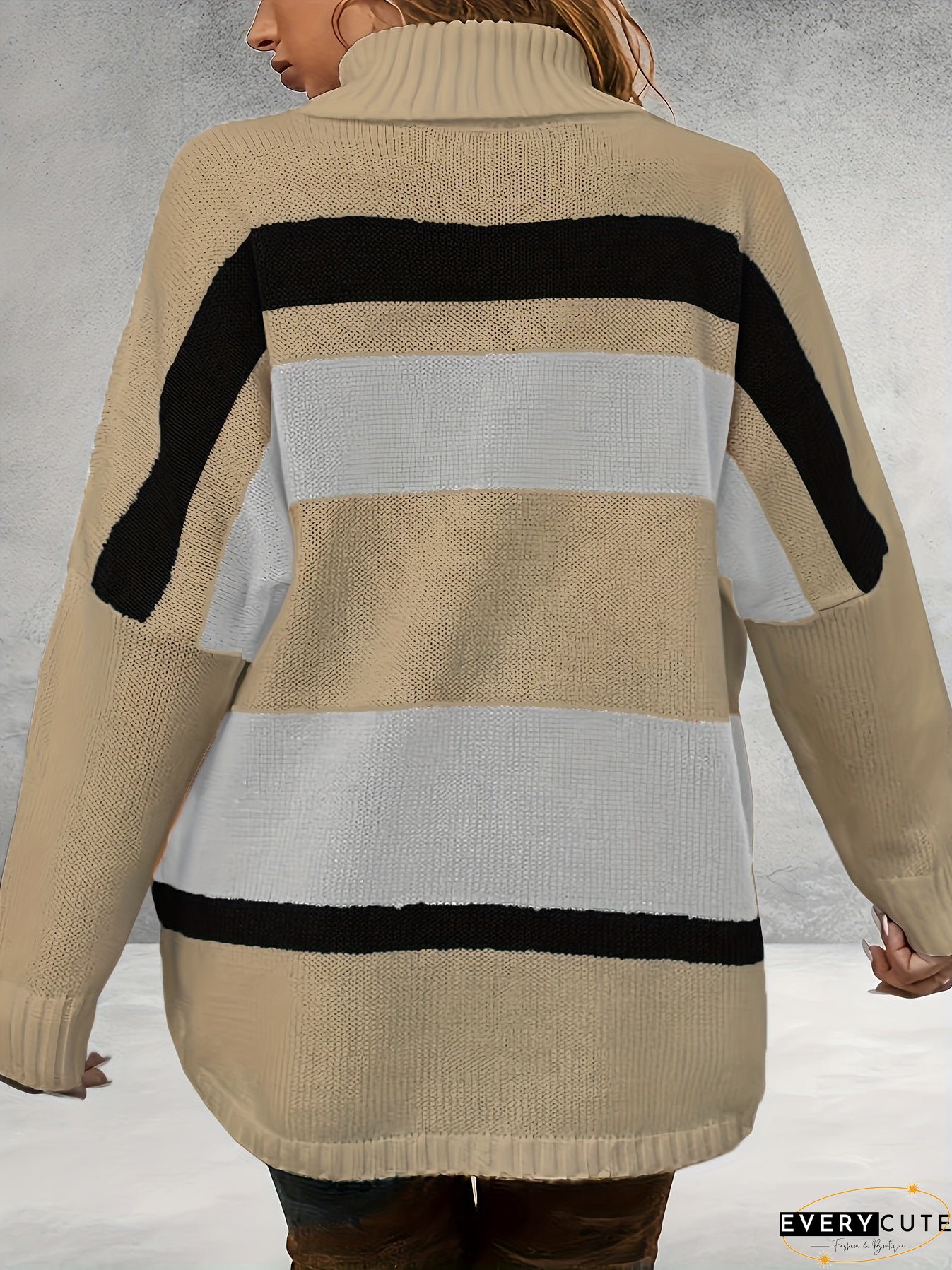 Plus Size Casual Sweater, Women's Plus Colorblock Long Sleeve Turtle Neck Slight Stretch Sweater