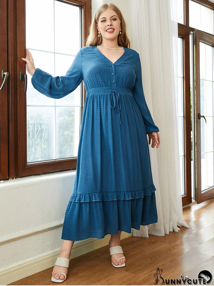 Plus Size Tie Up V-Neck Ruffle Trim Long Sleeve Maxi Dress