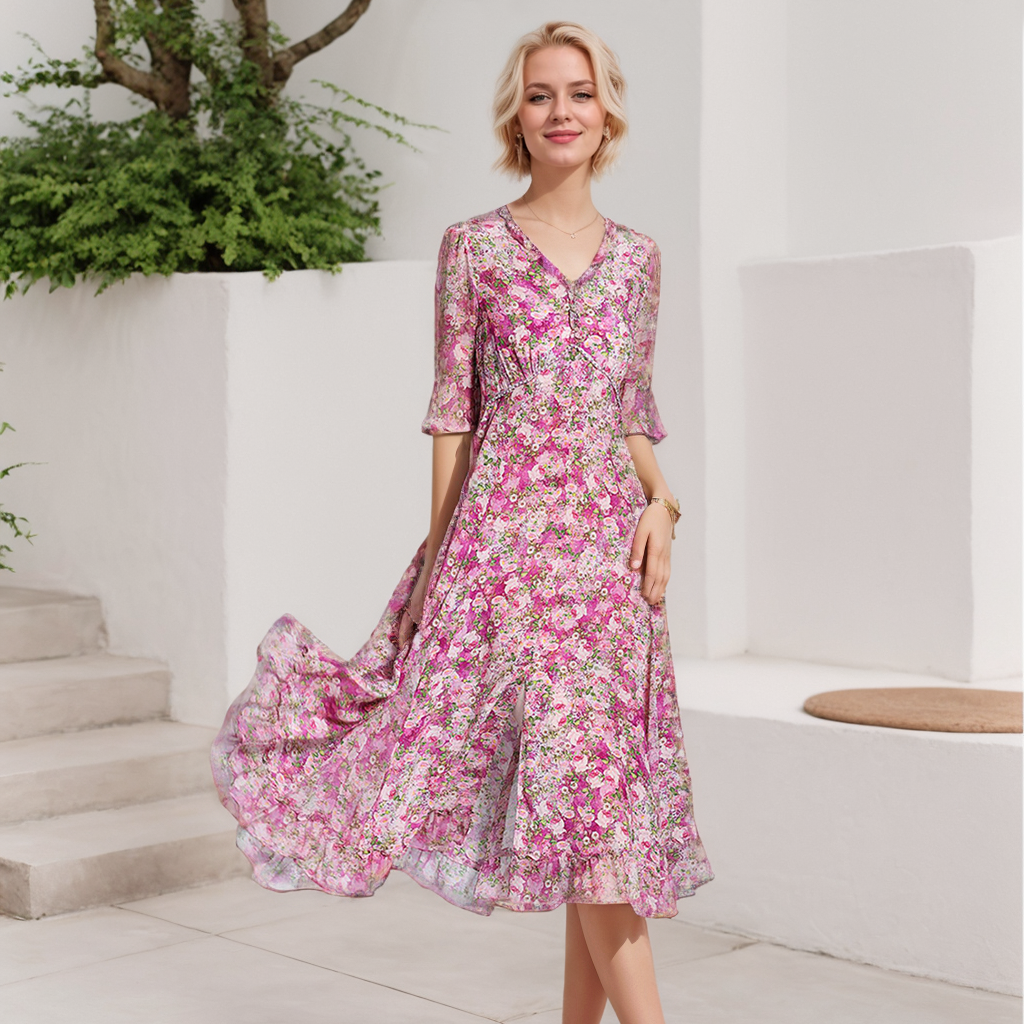 100 Silk Dress V Neck Vacation Style REAL SILK LIFE