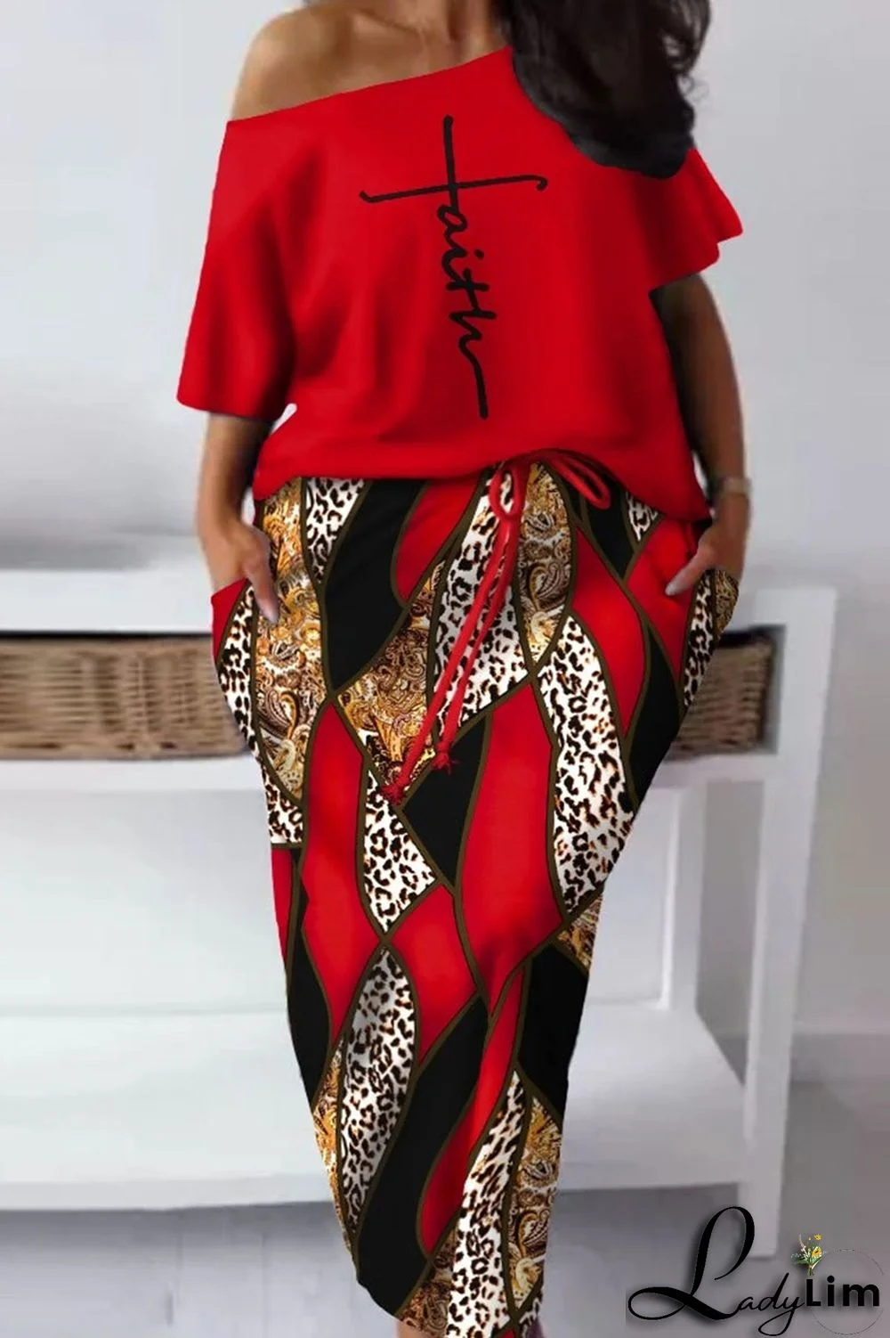 Red Casual Street Print Patchwork Oblique Collar Short Sleeve Two Pieces