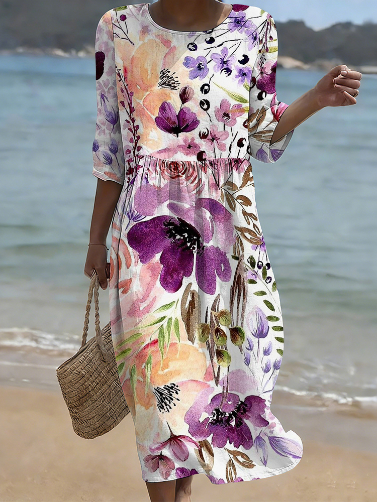 Purple Floral Watercolor Art Comfy Linen Midi Dress wearshes