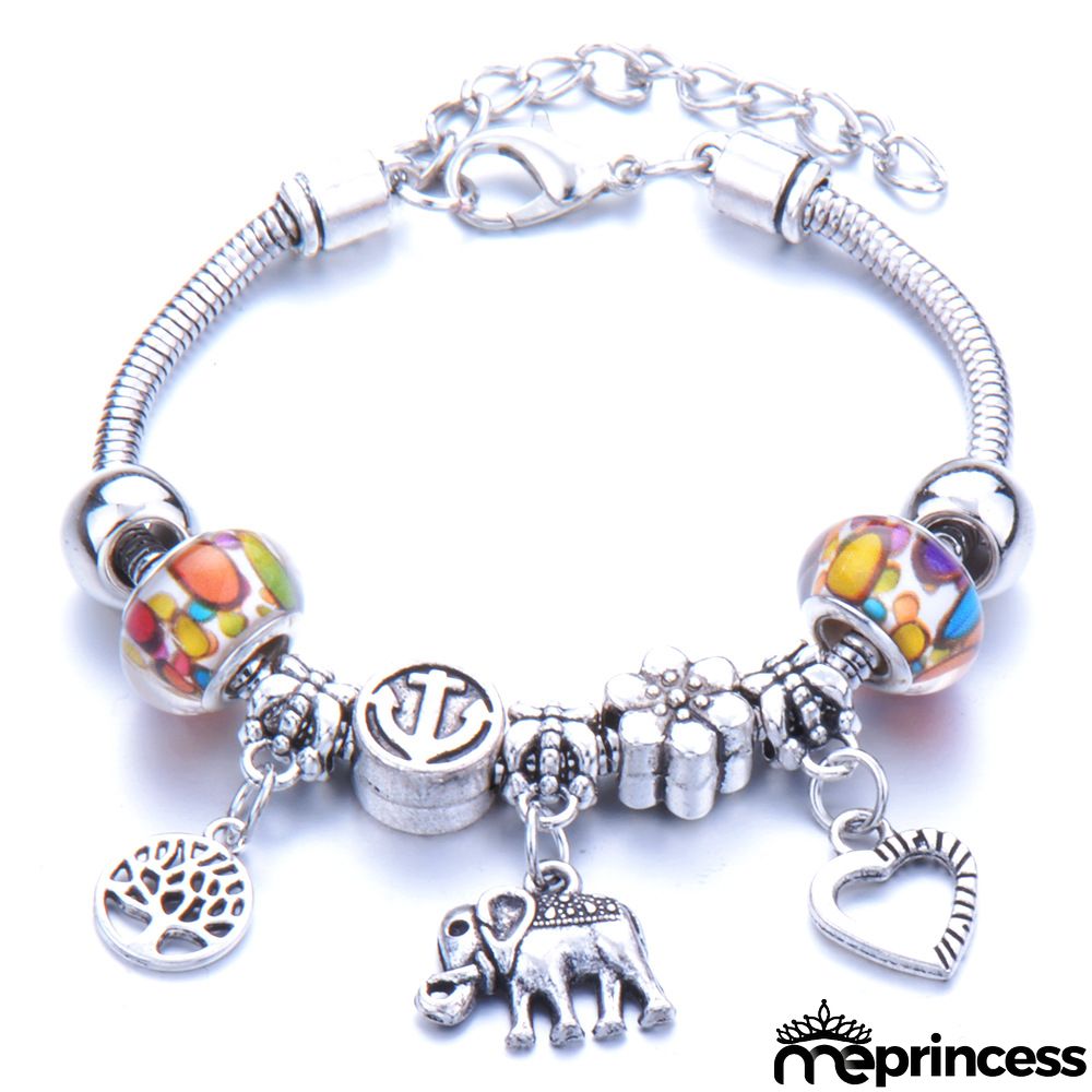 Women Fashion Rhinestone Butterfly Crown Pendant Beaded Bracelet