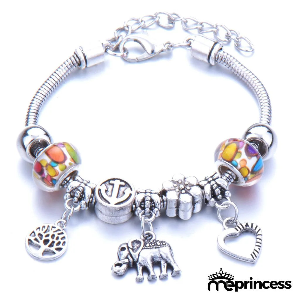 Women Fashion Rhinestone Butterfly Crown Pendant Beaded Bracelet