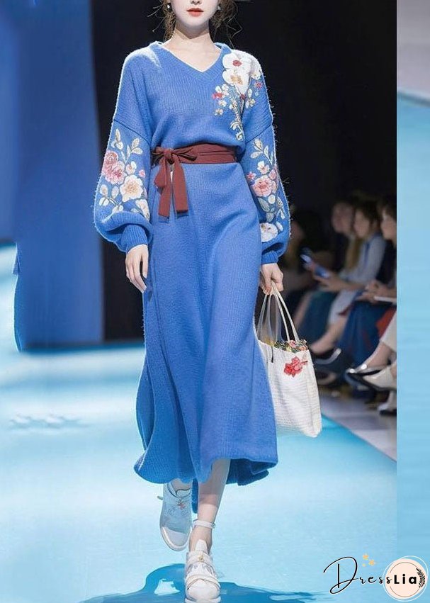 Modern Blue V Neck Print Tie Waist Cotton Knit Long Sweater Dress Winter