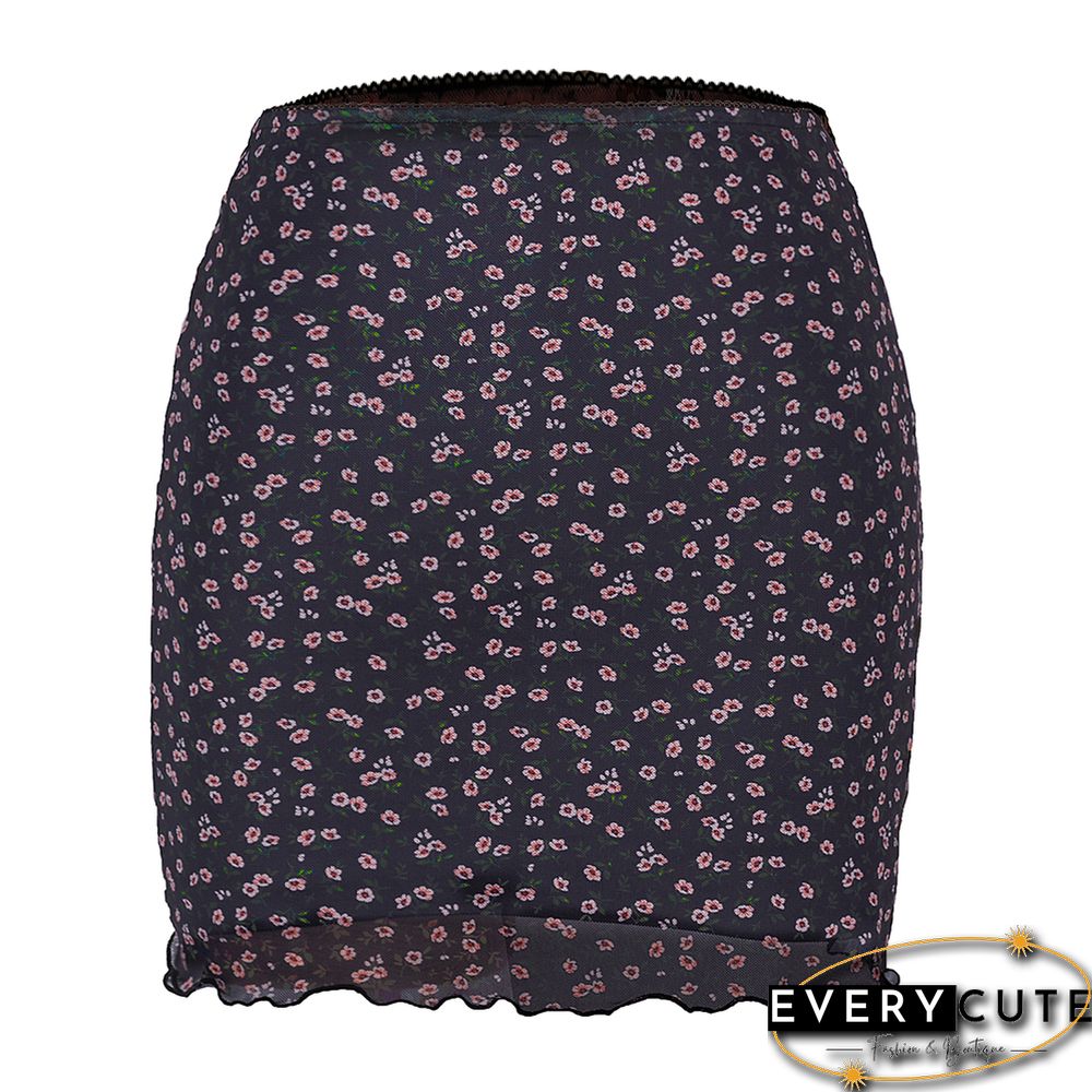 Navy Blue Floral Print Double-layers Hight Waist Mini Skirt