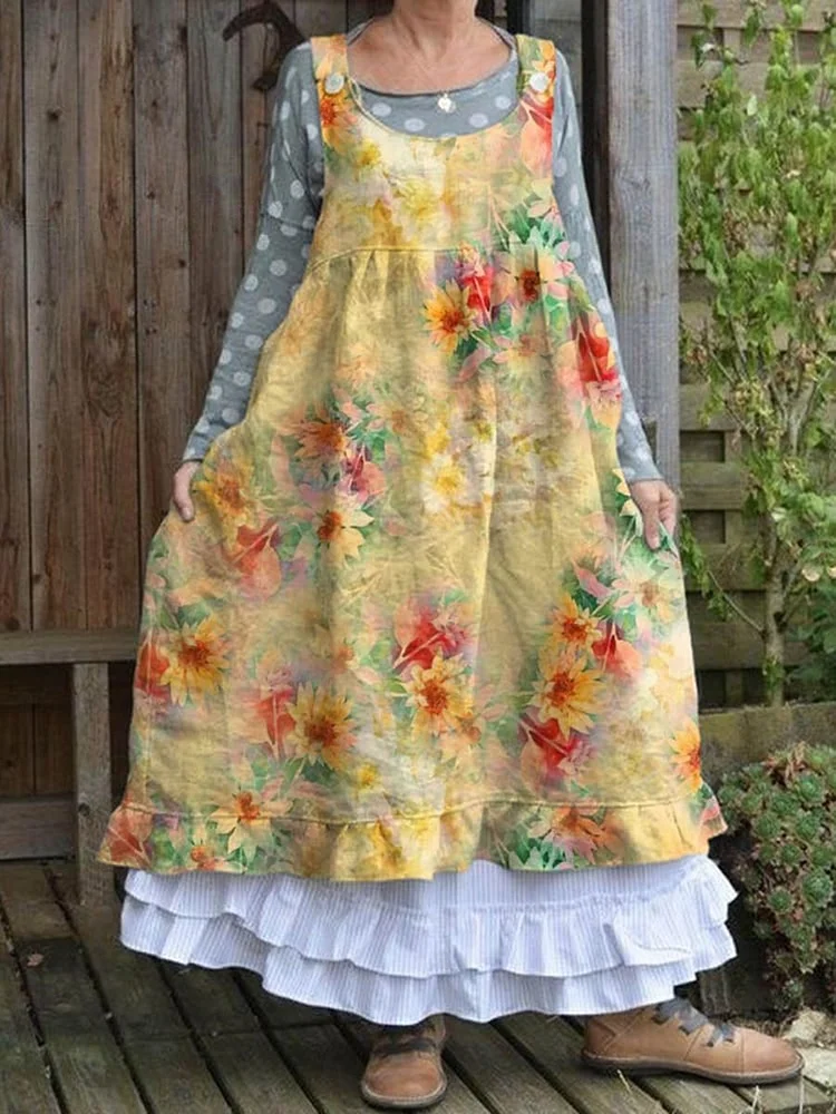 Women'S Retro Lovely Floral Art Print Casual Cotton Dress 