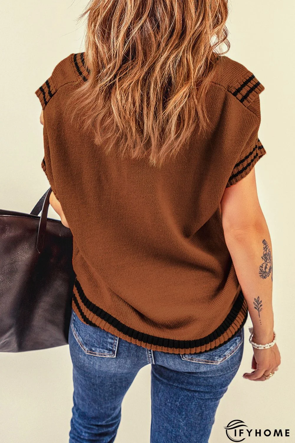 V Neck Contrast Stripes Trims Short Sleeve Sweater | IFYHOME