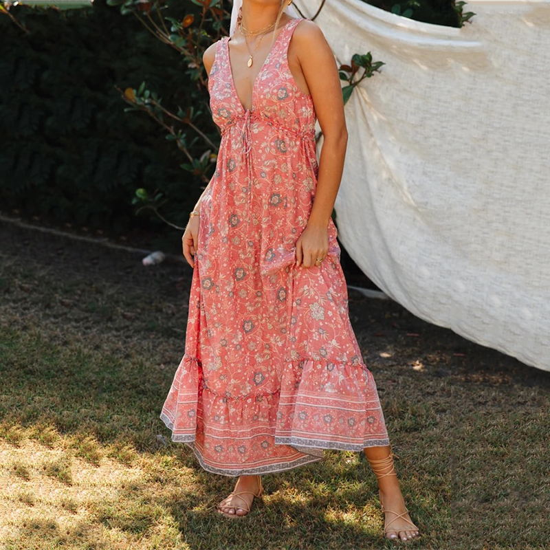 Boho Printed V-Neck Sleeveless Dress wearshes