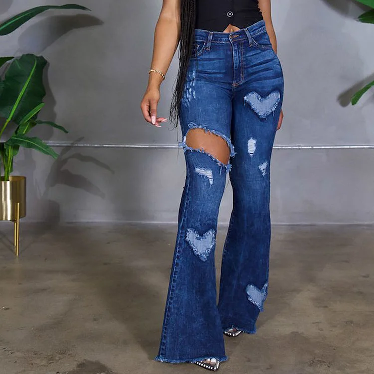 Women Distressed Denim Jeans Ripped Jean Ripped Worn Jeans Bell-Bottom Pants
