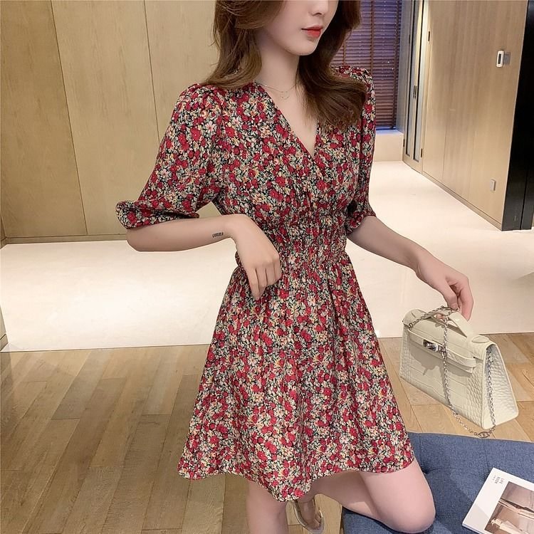 Dress Women V-neck Floral Print Tunic Top Vacation Boho Romantic Retro Summer New Short Sleeve Ladies Chic Fashion Daily French