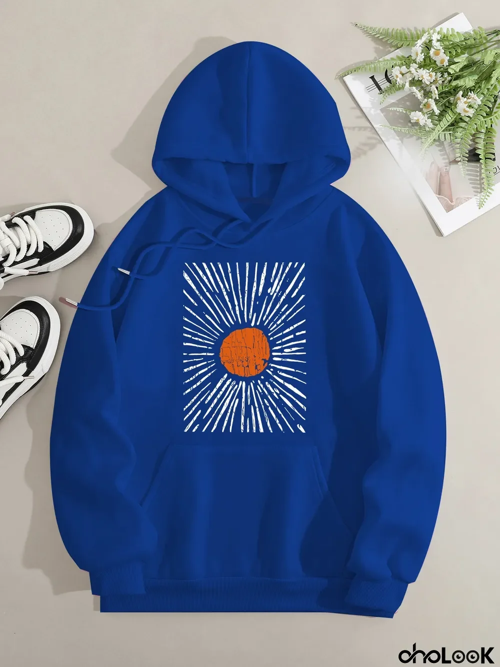 Printed on front Kangaroo Pocket Hoodie Long Sleeve for Women Pattern Sunset