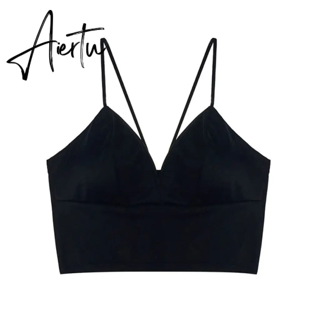 Aiertu Sexy Satin Crop Tops Women Wireless Bralette Crochet Top Female Spaghetti Strap T-shirt Cropped With Chest Padded Camisole Camis Aiertu