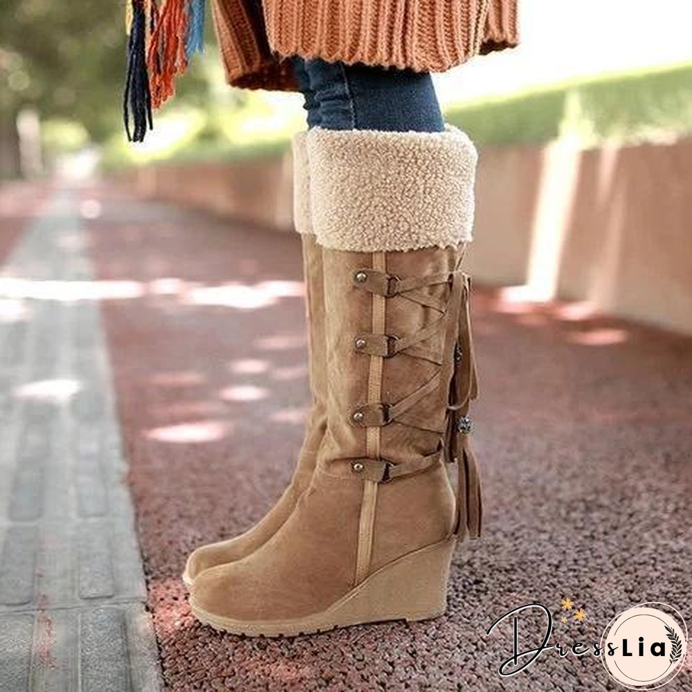 Womens Fashion Lace Round Toe Scrub High Heel Snow Boots