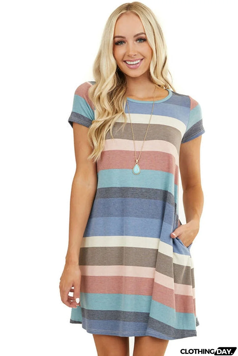Multicolor Striped Pocket T Shirt Dress