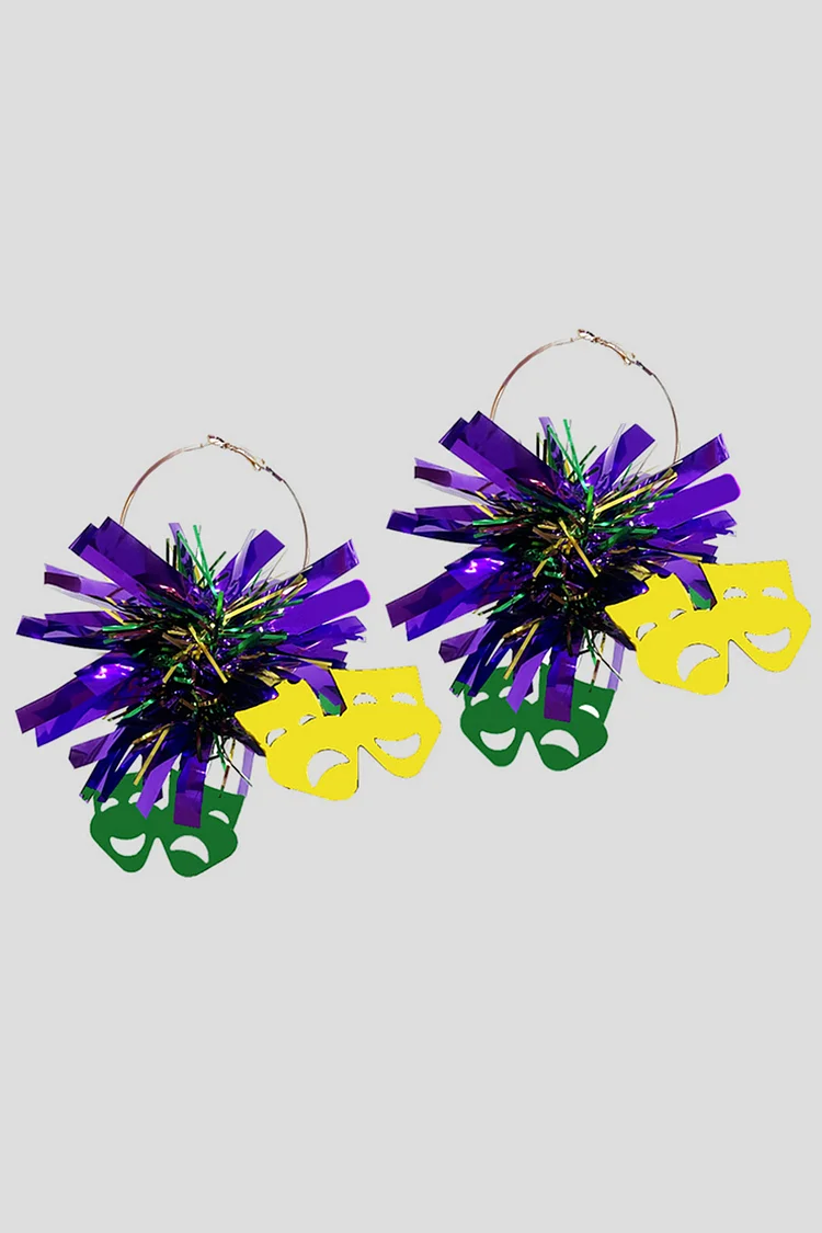 Mardi Gras Multicolor Foil Tassel Disco Sequin Fleur-De-Lis Mask Hoop Earrings 2024 - Xpluswear