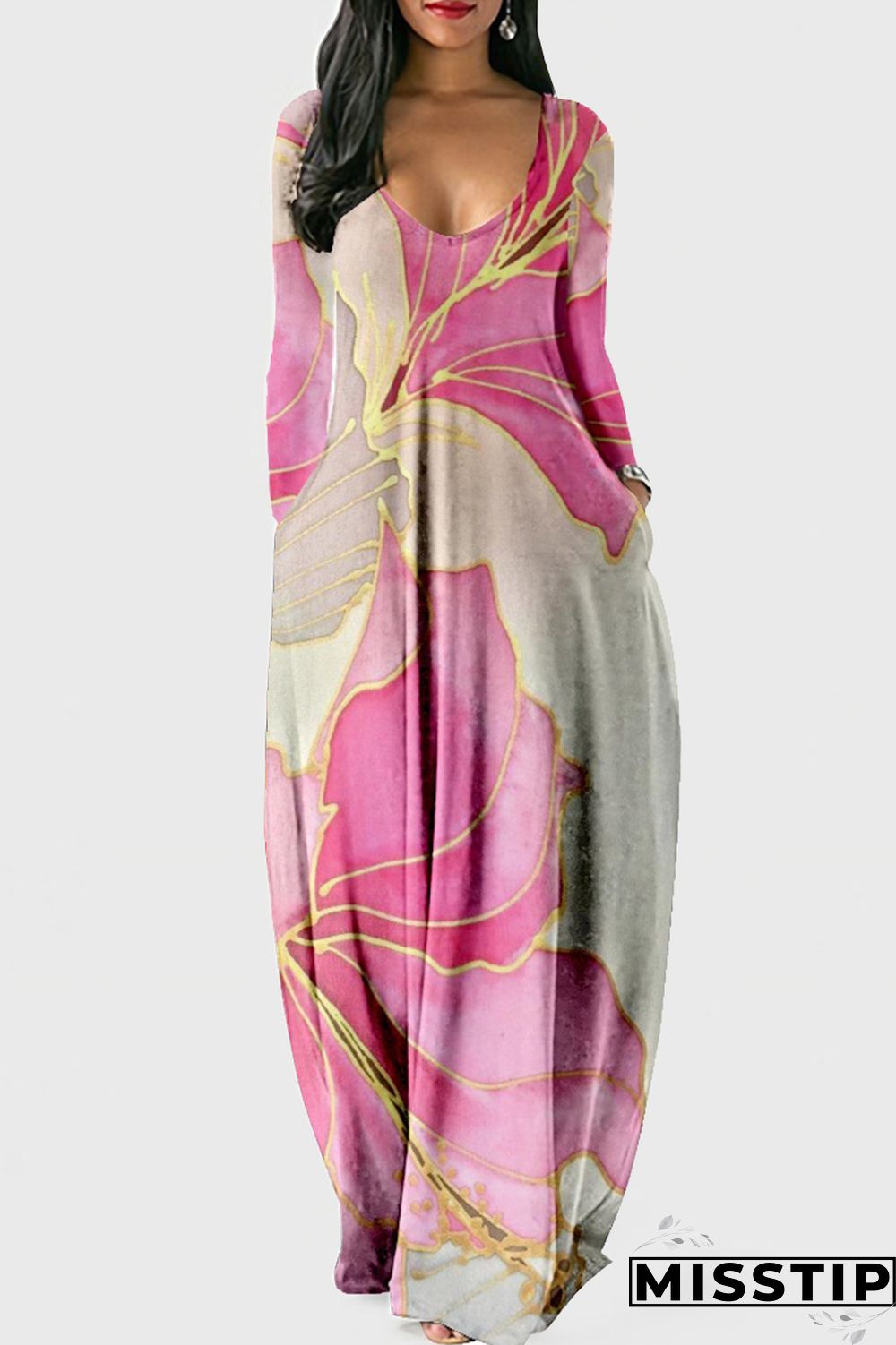 Cyan Fashion Casual Print Patchwork V Neck Long Sleeve Dresses