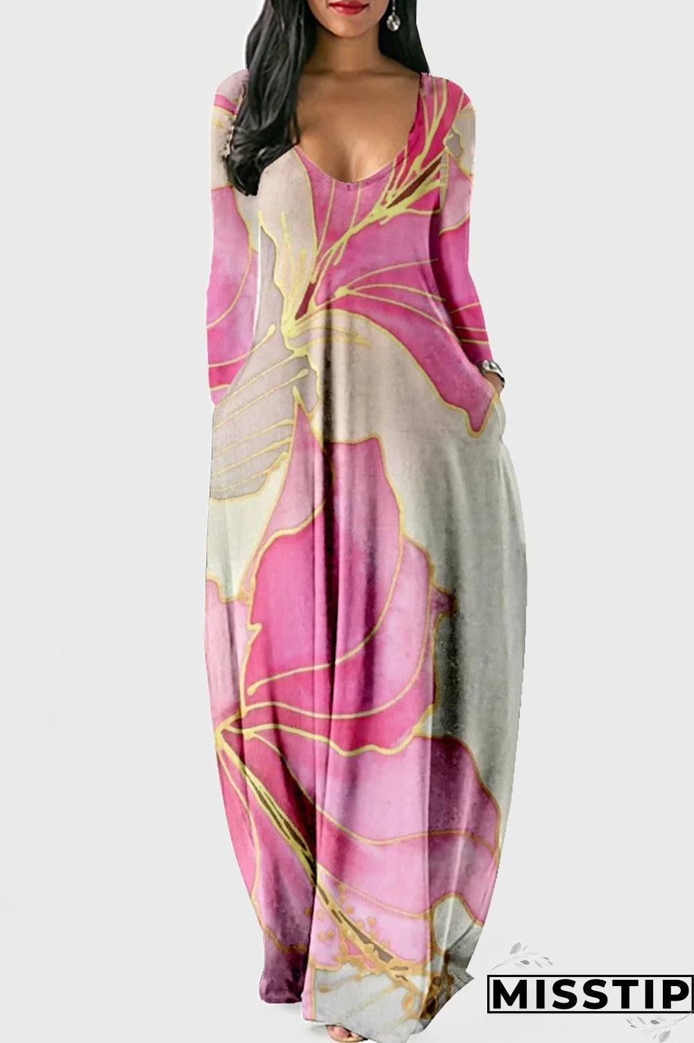 Cyan Fashion Casual Print Patchwork V Neck Long Sleeve Dresses