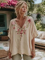 Women's Vintage Rose Floral Art V Neck Linen Comfy T-shirt